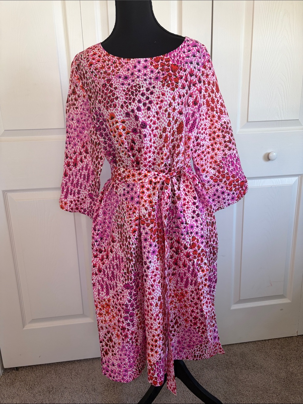 Lesley Evers Rachel Midi Shift Dress May Flowers Pink Floral Linen Tie-Waist XL